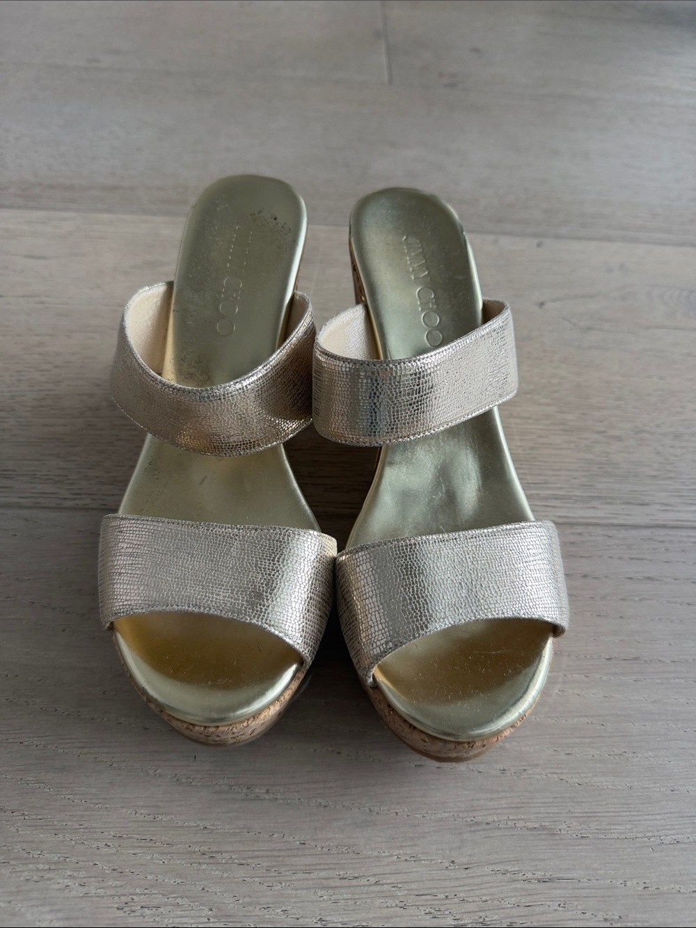 Jimmy Choo Metallic Rose Gold Wedge Slides